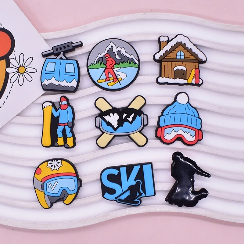 High Quality 1/12Pcs Skiing Sports Shoe Charms Cable Car PVC Slippers Buckle Accessories DIY Kids Bracelet