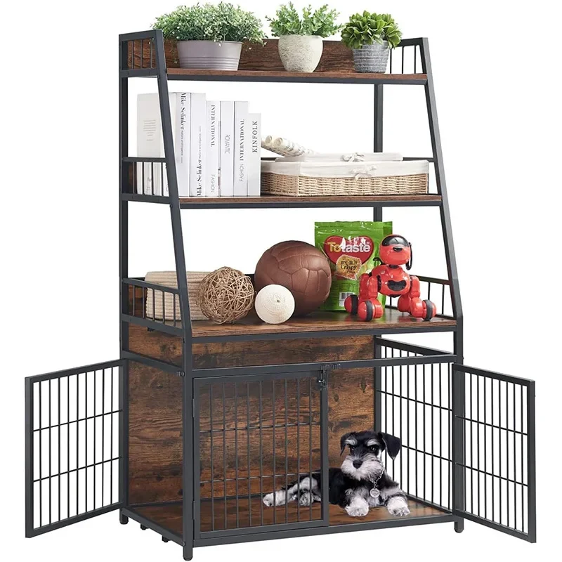 

# 3-Layer Metal Bookshelf With Dog Cages 3-in-1 Storage Rack For Puppies Iron Wood Structure Flower Rack Shelves For Sundries