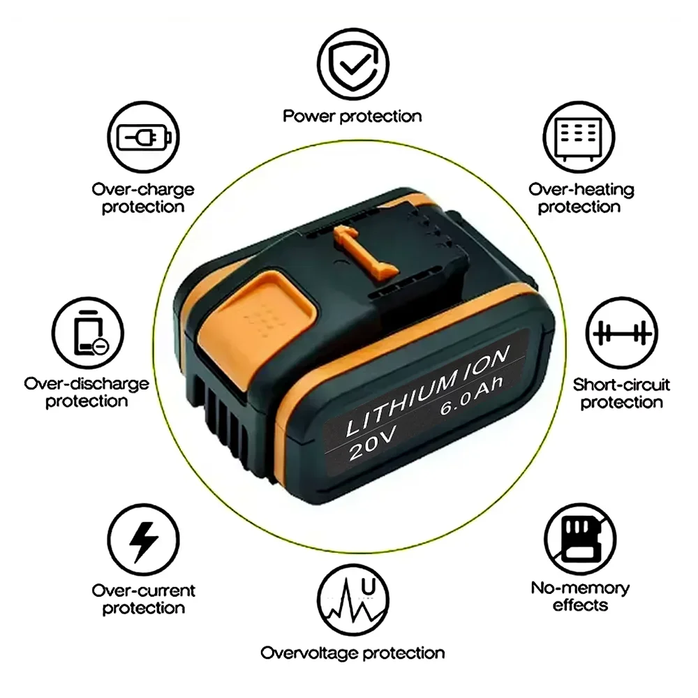 WA3551 Battery For Worx 20V Cordless Power Tool Battery WA3572 WA3553 WX390 WX176 WX178 Spare Battery 6000mAh