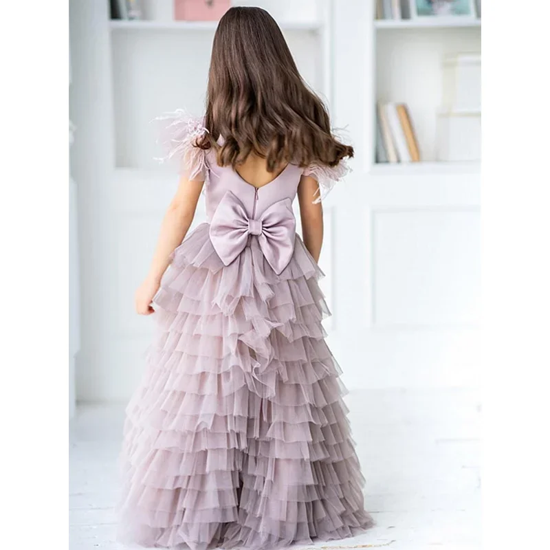 Vestido de flores para niña, vestido de baile de princesa asimétrica exquisita con cuello redondo para boda, primera comunión, dama de honor, cumpleaños