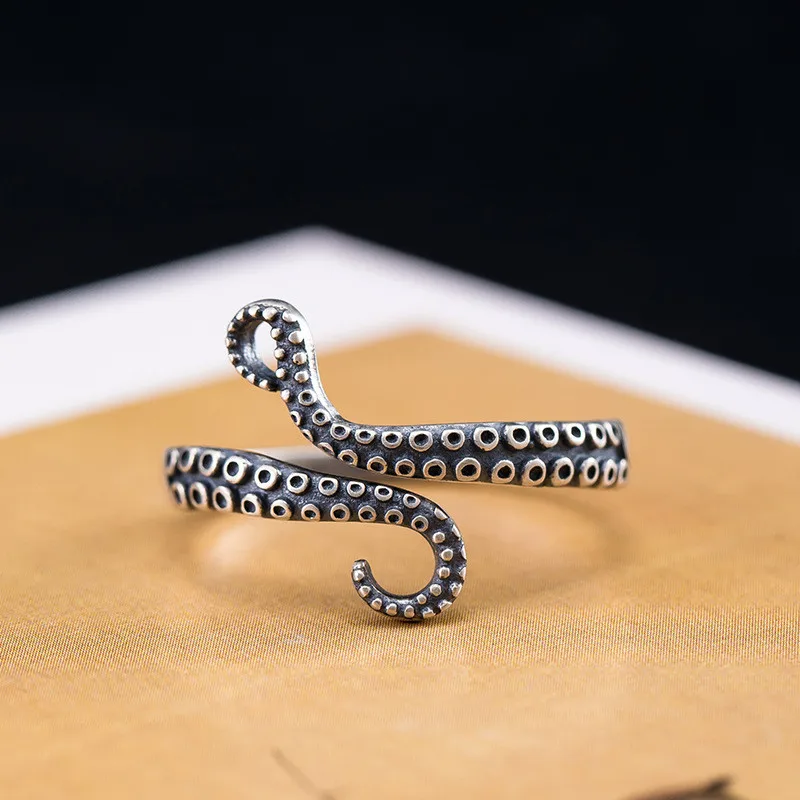 Punk Vintage Personality 925 Sterling Silver Originality Octopus Tentacles Open Rings For Women Girl LR009