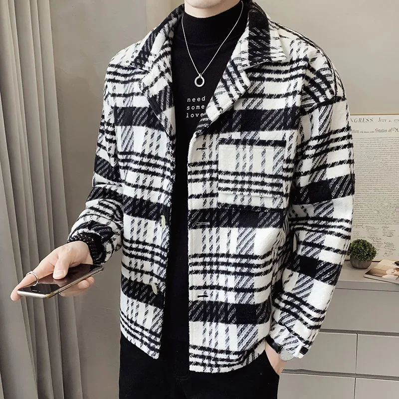 

Autumn Winter Steetwear Windbreaker Big Pocket Outwear Ropa De Hombre Men Wool Trench Coat Striped Lattice Casual Jacket