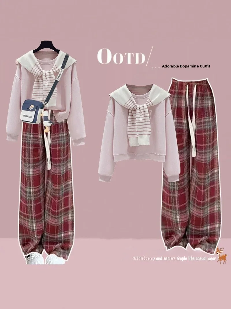 

Preteen School Uniform Style Sweater And Plaid Pants Set for Girls Autumn Fashionable College Look Long Sleeve round Neck Top