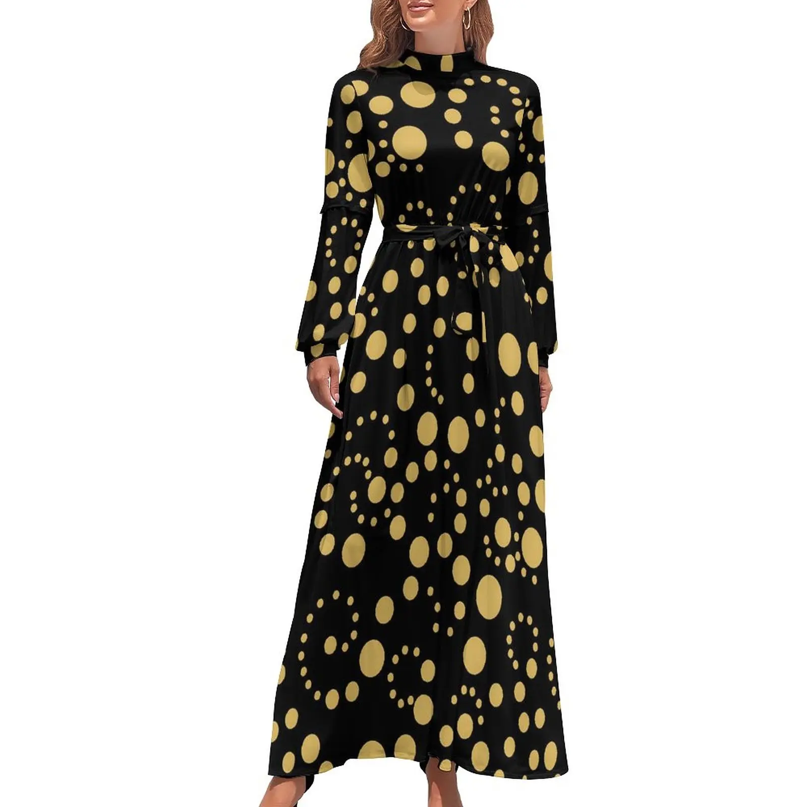 Gold Dot Dress Polka Dots Street Fashion Beach Dresses Women Long Sleeve High Neck Trendy Long Maxi Dress