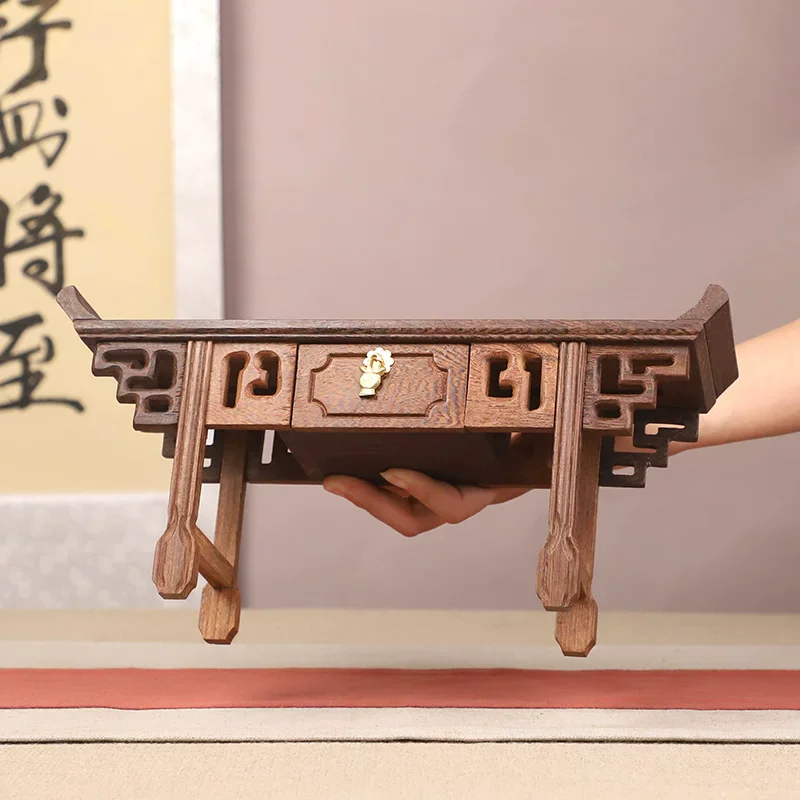 Miniature Tip-Headed Table, Chicken-Wing Wood Long Stand for Buddha Altar, Solid Wood Recessed-Leg Offering Base, Home Shrine De