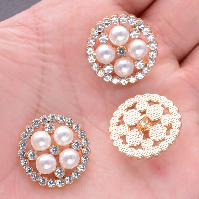 5/10pcs 15-25mm Luxury Rhinestone Pearl Buttons Hollow Out Metal Shank Sewing Button DIY Needlework Apparel Craft Supplies