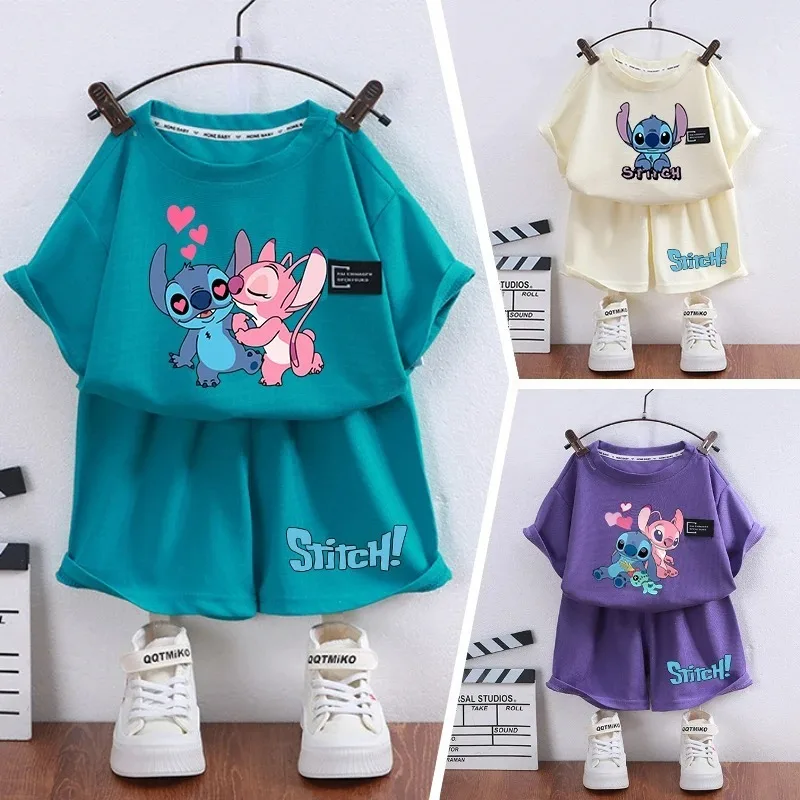 New 100-160cm Cartoon Stitch Print Boys Girls T Shirt Summer Children Kids Clothes Shorts Sleeve O-Neck Disney Tops Tees Suit