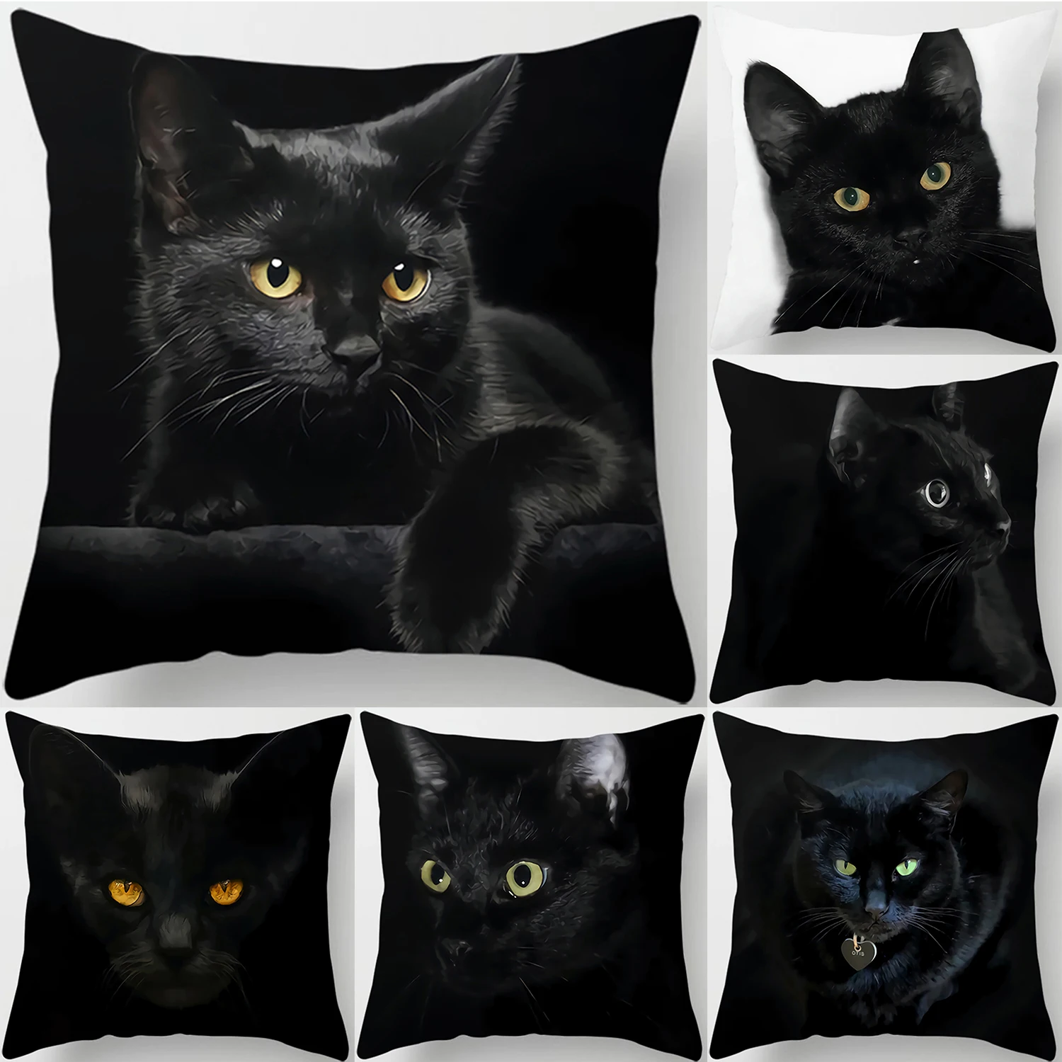 Short plush material pillowcaseHome Decoration Black Cat Pillowcase Decorative Printing Square  Car Sofa Cushion Cover  Shaped