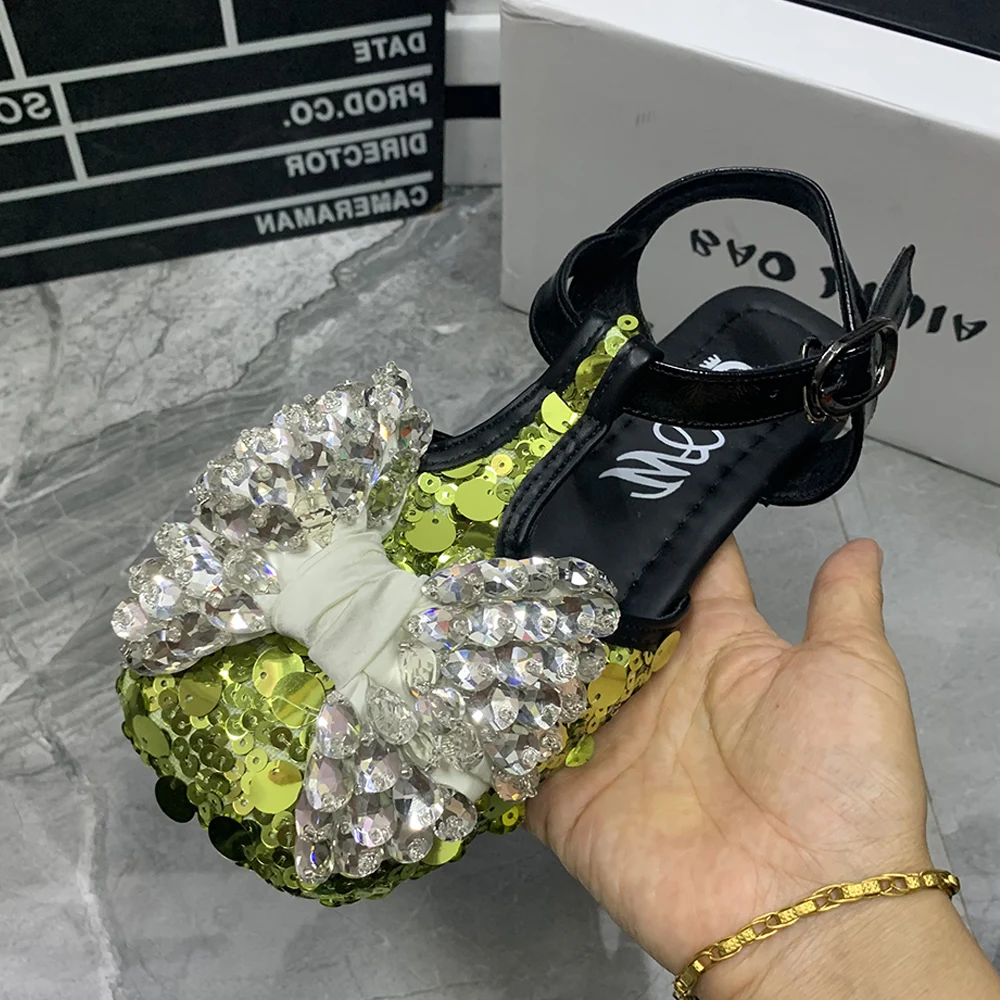 

Летние женские сандалии больших размеров, модная женская обувь со стразами, женские сандалии с закрытым носком и бантом
