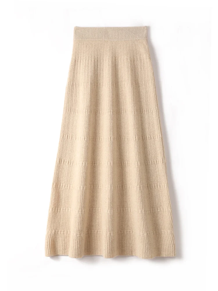 Autumn Winter Mid-length 100% Wool Skirt Women's Soild Elastic High Waist A-line Dress Soft Elegant Basic Knit Skirt  Versatile