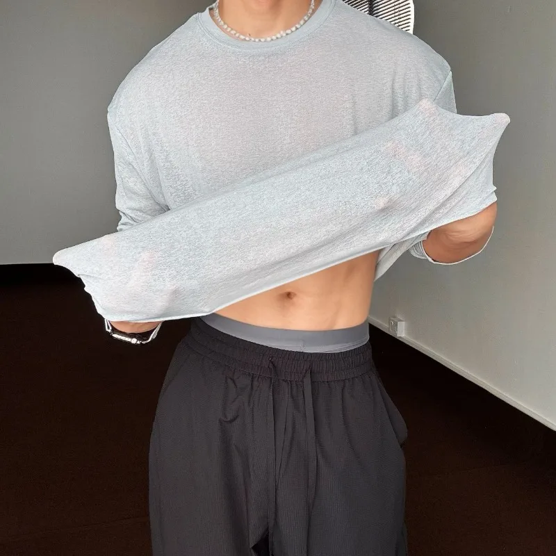 Men's Ice Gauze Summer Sexy Transparent T-shirt Solid Color Round Neck Long Sleeved Pullover T-shirt Casual Trendy Comfortable
