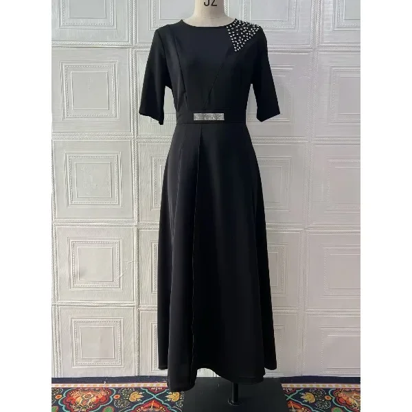 

Elegant Dress for Women Sequin New 2025 Spring Round Neck Temperament New Slim Fit Nail Bead Dresses Short Sleeved Long Skirts