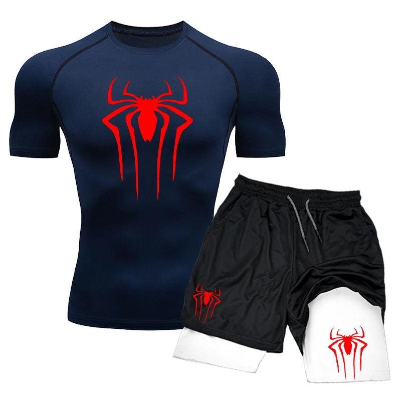 Camisa de compresión de entrenamiento para hombre, camisetas de gimnasio con estampado de araña, pantalones cortos transpirables para correr,