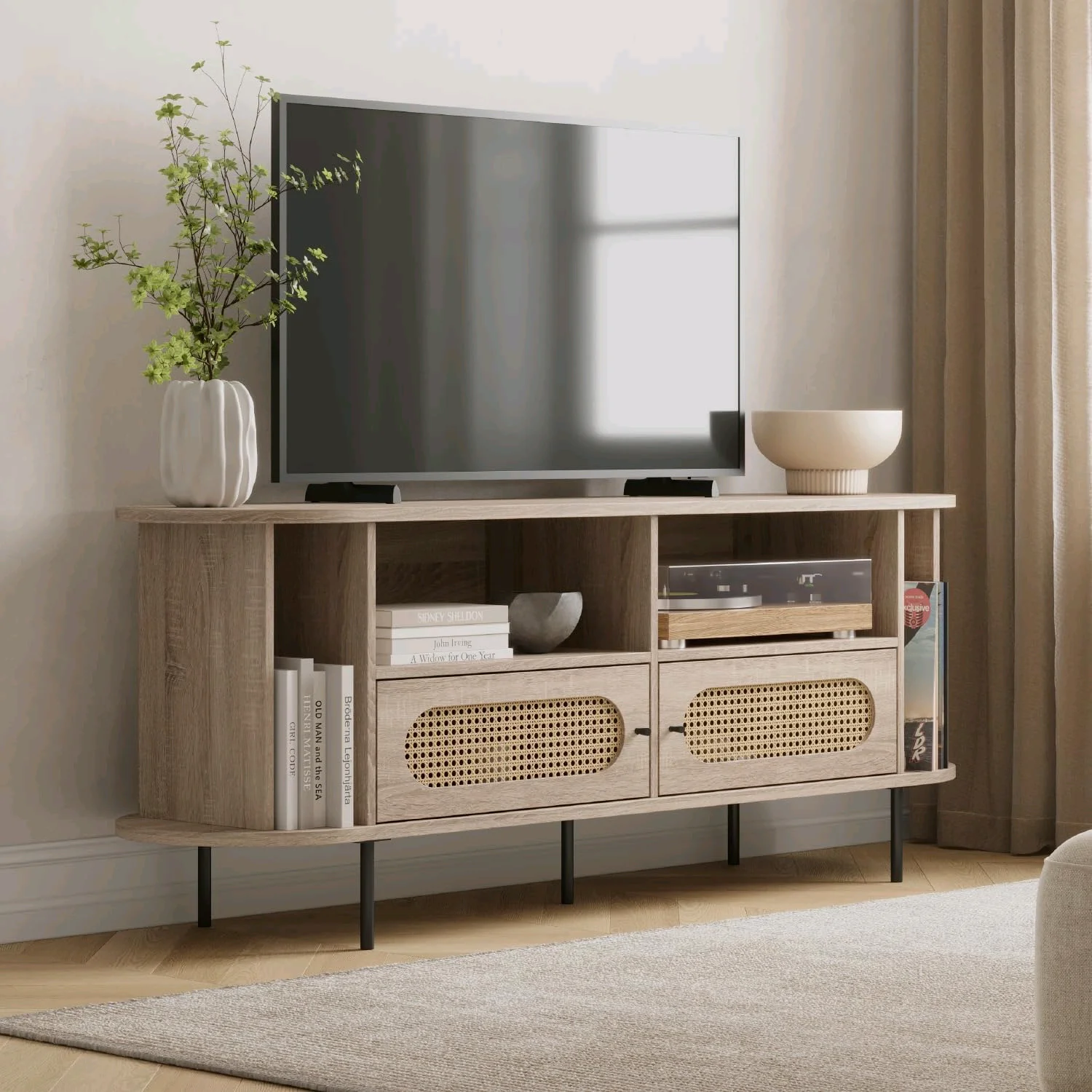 

！@Combohome Modern TV Stand with Natural Wood Fancy Design Lift Feature for Home Living Room or Bedroom Furniture