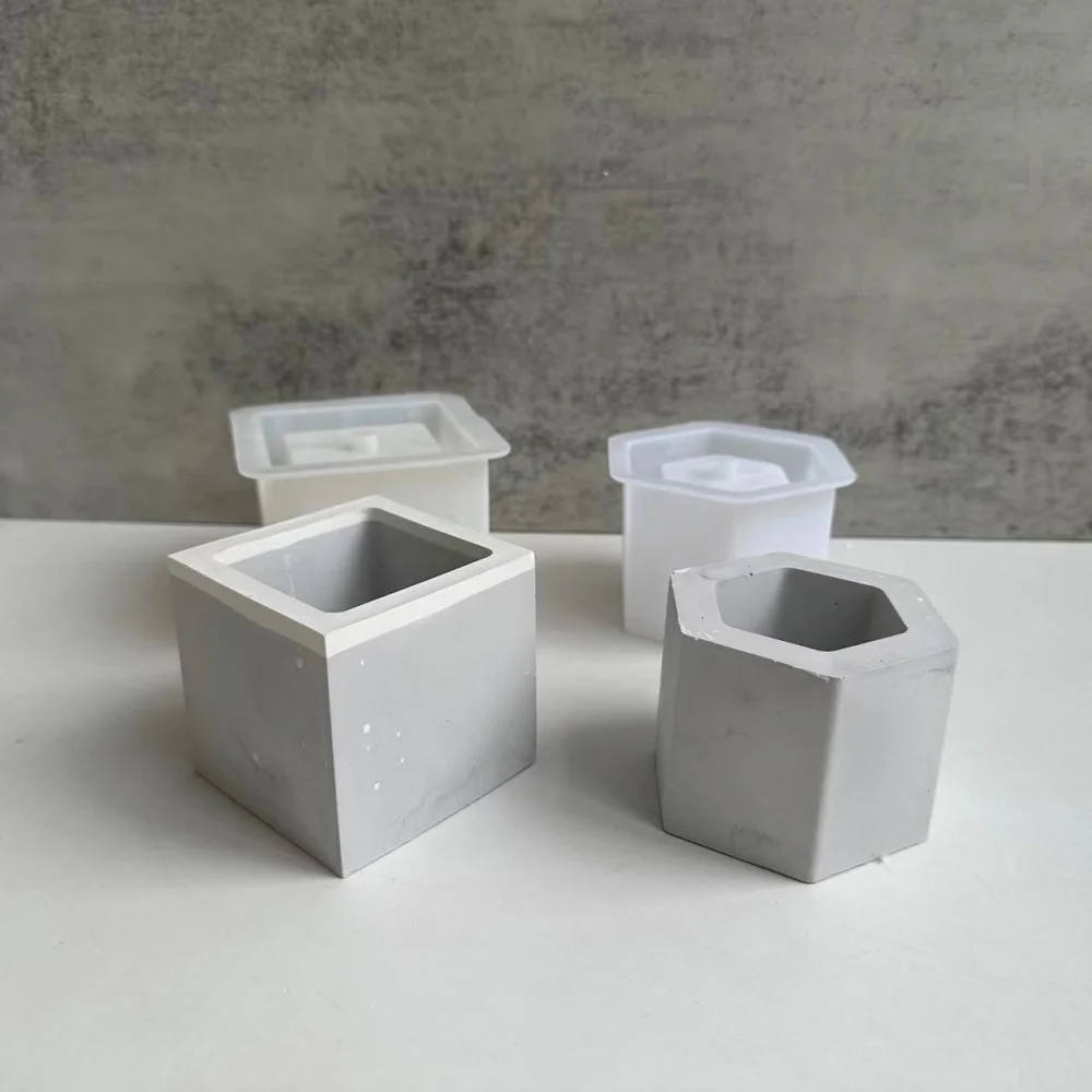 Hexagon Square Flowerpot Silicone Mold Pen Holder Plaster Container Concrete Cement Planter Succulents Planting Pot Mould