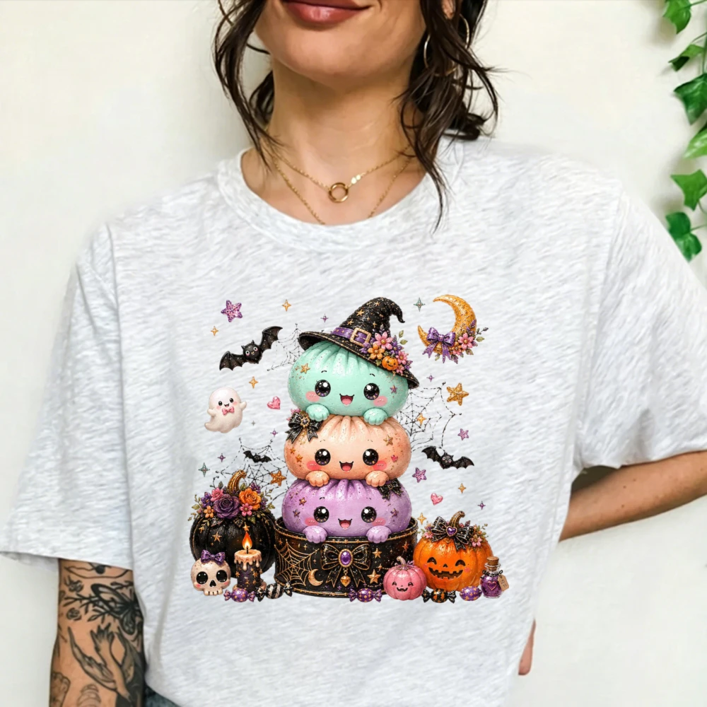 Halloween Cute Stacked Dumpling Witch Hat Graphic T-shirt Kawaii Ghost Bat Pumpkin Moon Skull Candle Print Short Sleeve Tee Tops