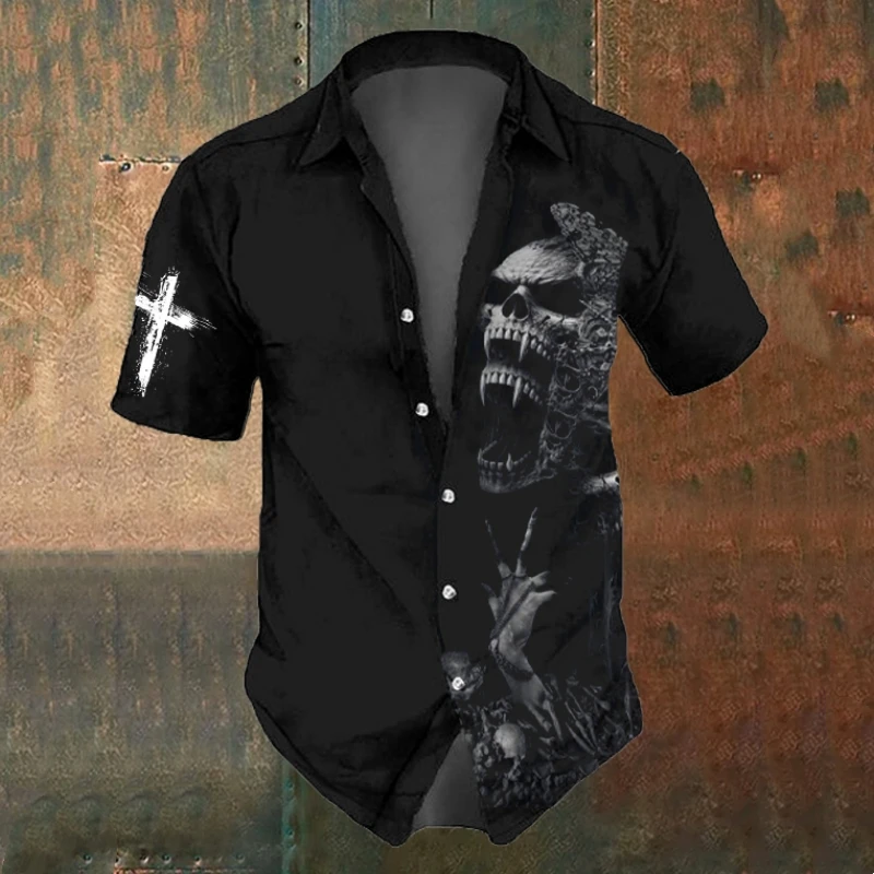 Summer Men\'s Skull Shirts Casual Short Sleeve Shirt For Men Black White Printed Men\'s Clothing Loose Oversized Lapel Shirts Top