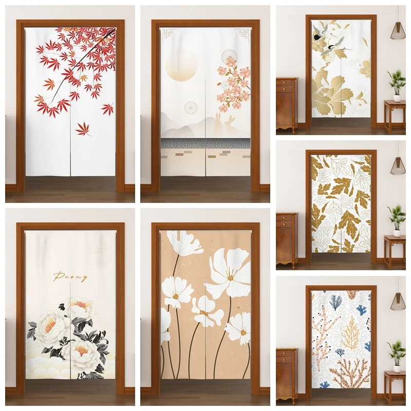 Japanese Style Noren Door Curtains Maple Peony Floral Pattern  Linen Doorway Curtains Kitchen Entrance Velcro Split Half Curtain