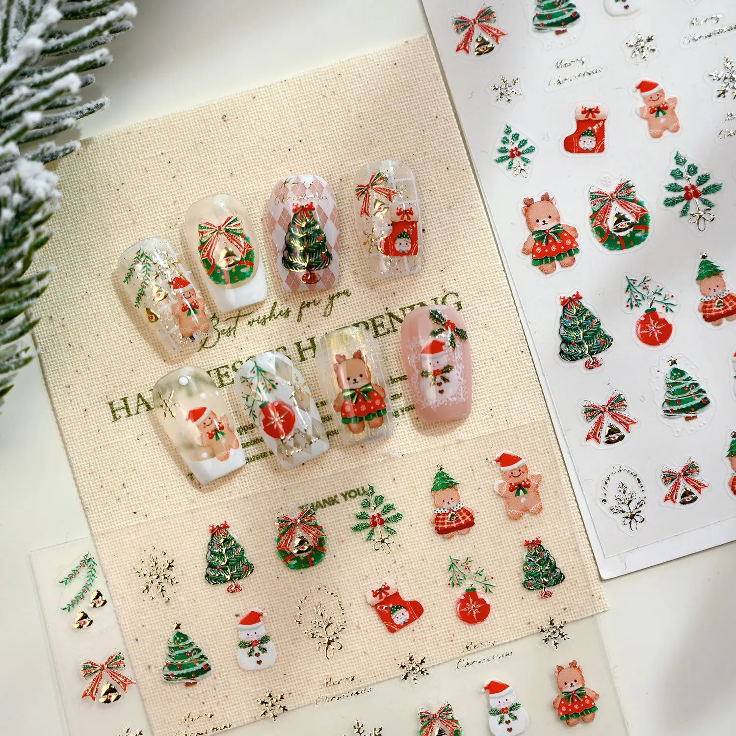 

Christmas Nail Stickers Cartoon Cute Christmas Tree Bear Design Colorful Gold Self Adhesive Vinyl for Women Party Decor