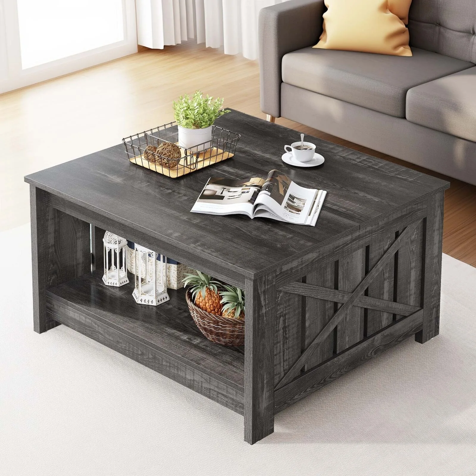 US  Square Coffee Table with Storage for Living Room Modern Center Cocktail Table