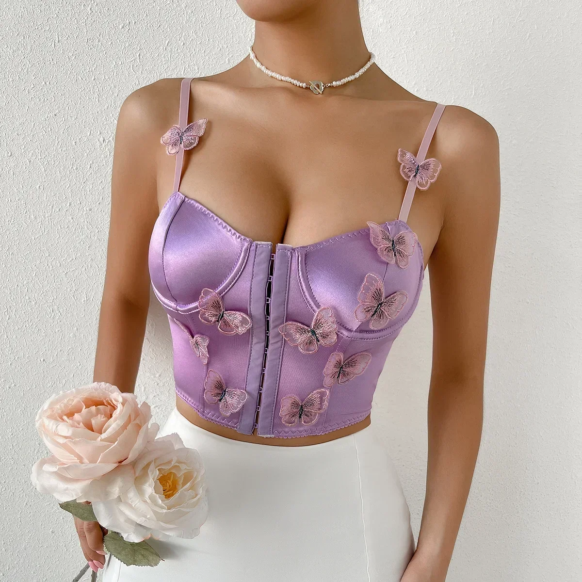 Women Summer Skinny Camisole Sexy Sleeveless Backless Bustier Chic Tops Female Satin 3D Butterfly Decor Crop Tops Corset Tops