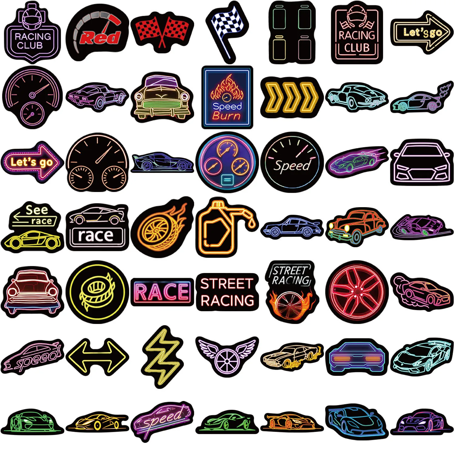 50PCS Racing Cartoon Stickers Neon Style Decals Cool Car Contest Graffiti DIY Kids Toys Cup Laptop Guitar Car Bike Decoration