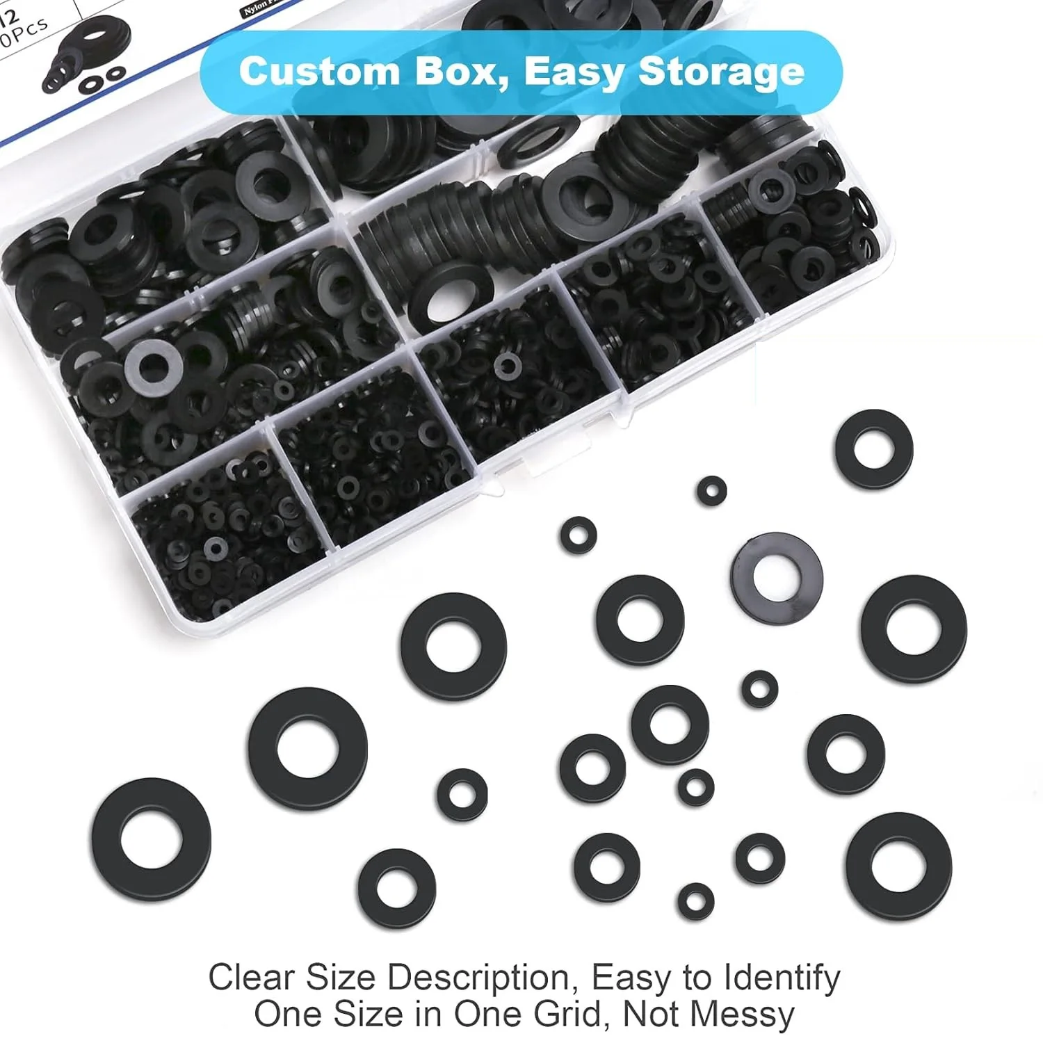 1200Pcs Nylon Flat Washers Assortment Kit M2 M2.5 M3 M4 M5 M6 M8 M10 M12 Black Combo Set