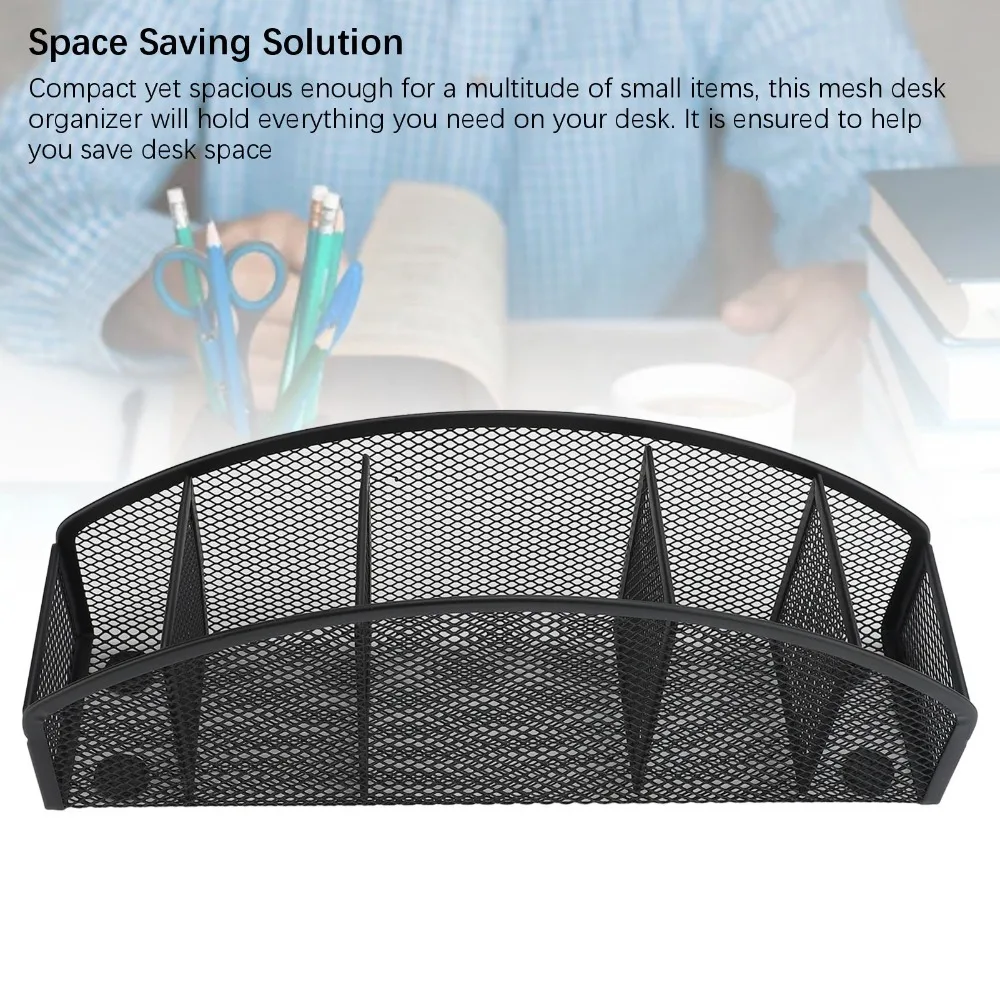 Desktop Tidy Black Metal Pen Holder Curved Mesh 5 Compartment Storage Box 5 Grid Metal Mesh Desktop Caddy Stationery Storage