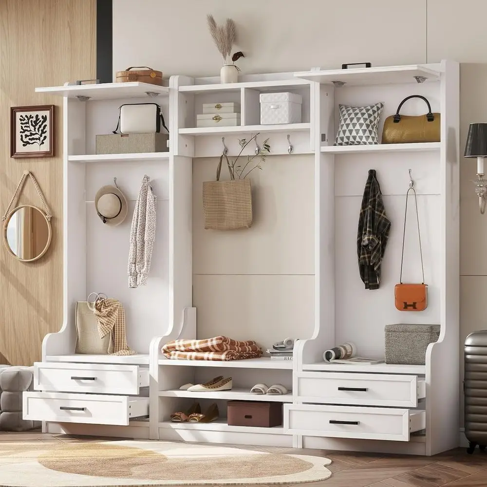 

Многофункциональная тумба-вешалка 4-в-1 для прихожей белого цвета с сиденьем, местом для обуви, крючками, вешалкой для одежды, ящиками и шкафчиком