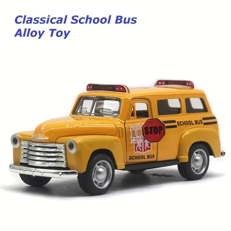 1: 32 Mini Alloy Chevrolets School Bus Classical Vintage Car Sound and Light Pull Back Model Car Simulation Collection Gifts Toy