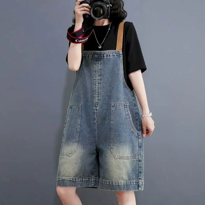 Celana Kodok untuk Wanita Denim Vintage Kasual Fashion Korea Pakaian Bermain Solid Celana Pendek Kaki Lebar Longgar Pakaian Satu Potong Pakaian Wanita