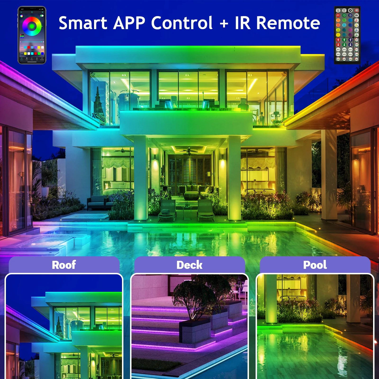 400FT IP68 Waterproof RGB Outdoor LED Strip Lights, Self-Adhesive Backing, Bluetooth App & Remote Control, Music Sync Color Changing Exterior Rope Lights for Balcony, Deck, Roof, Pool Holiday Decor