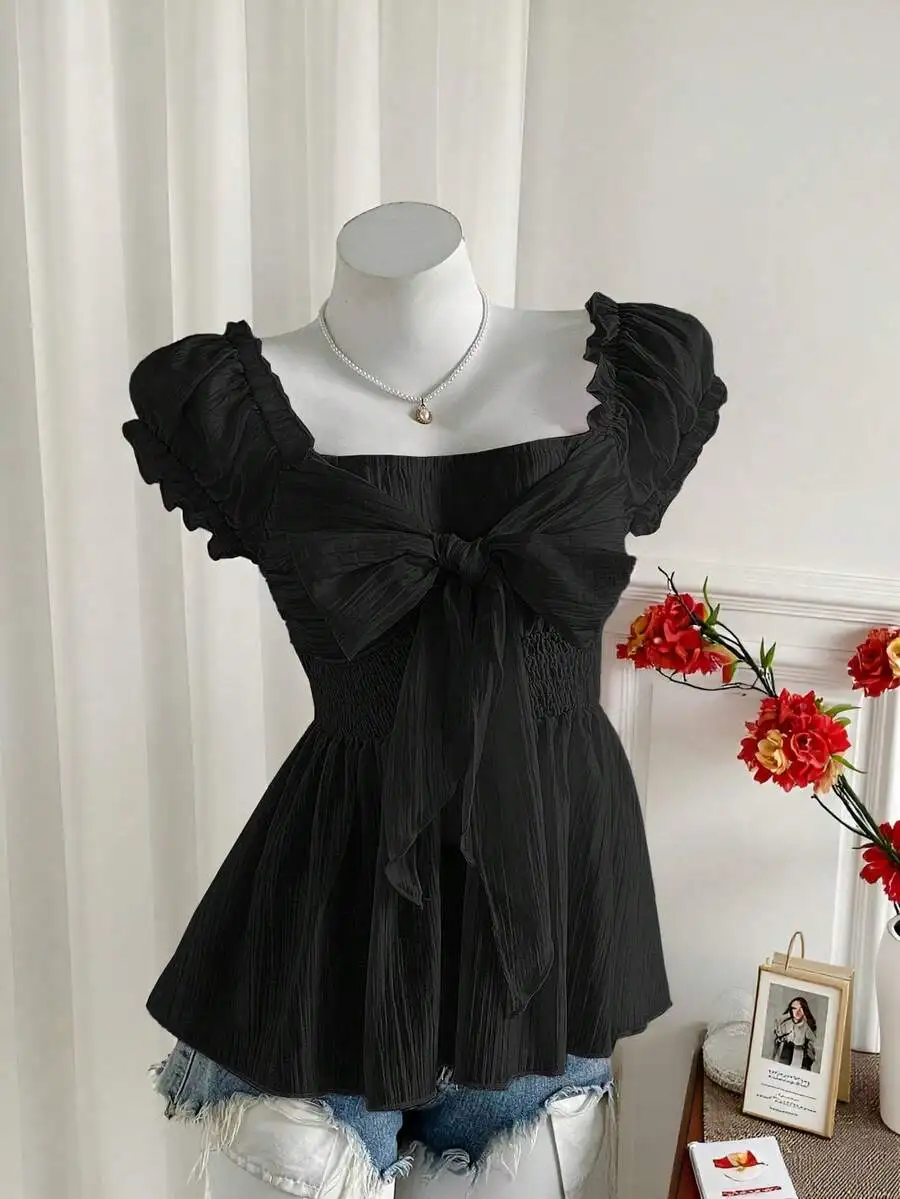 

Black Bowknot Chiffon Short Sleeve Blouse Women Summer