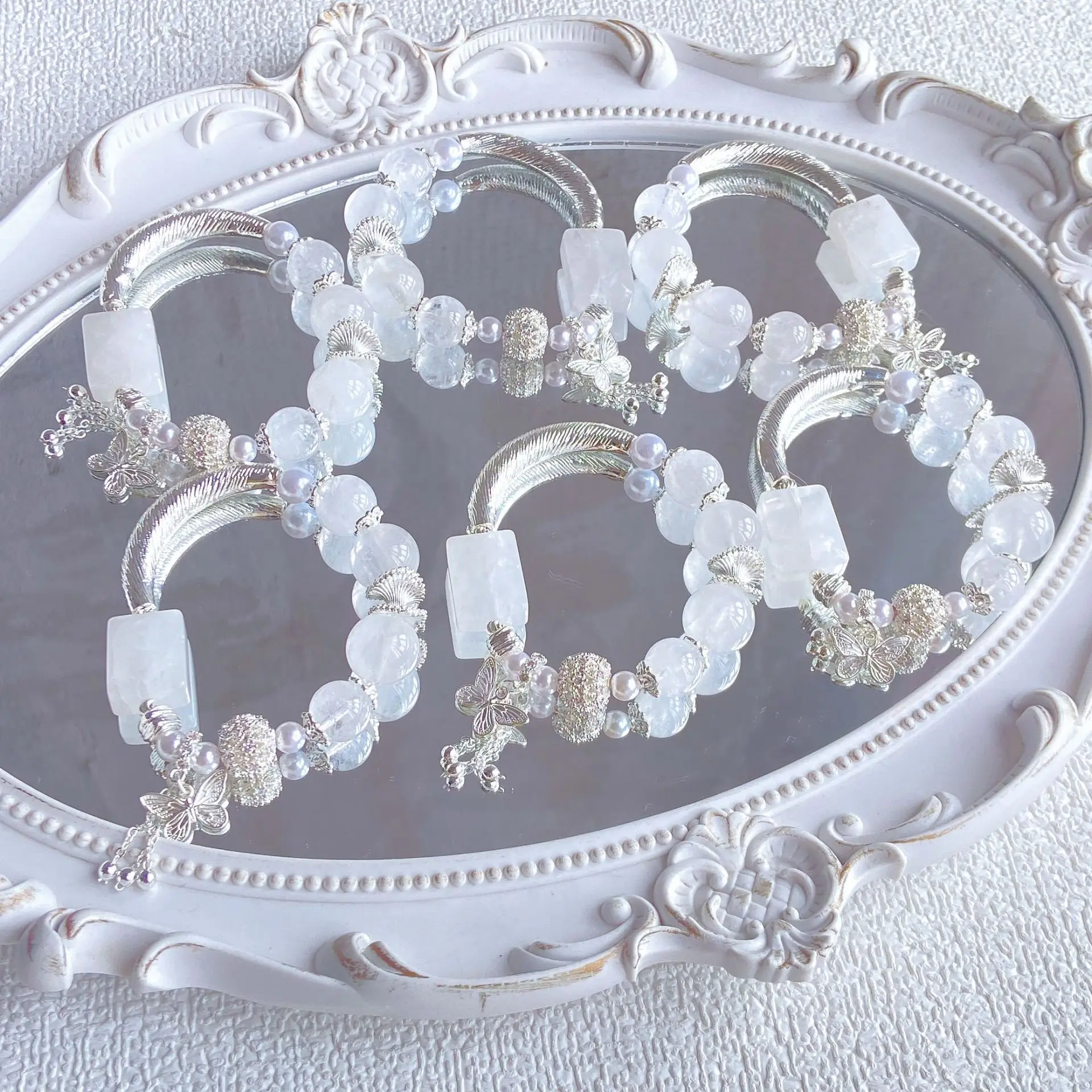 Chinese Style Lucky Natural White Crystal Bracelet White Phantom Peace Tag Half Bangle Butterfly Charm Beaded Bracelet For Women
