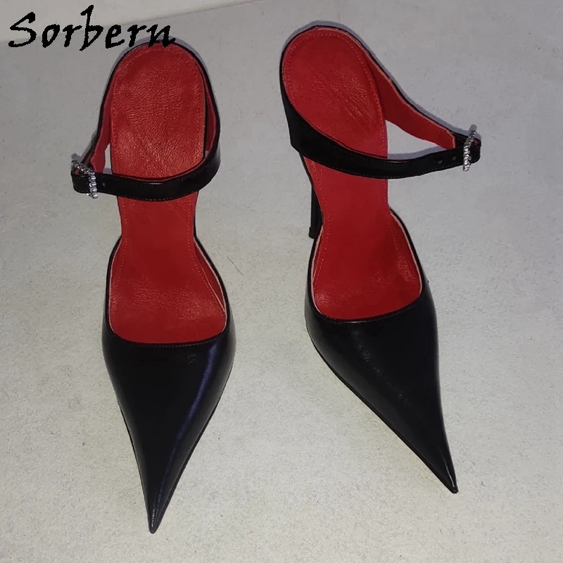 Sorbern Black 14Cm Metal High Heels Women Mules Pointed Toe Slingback Metal Heeled Mary Jane Shoes