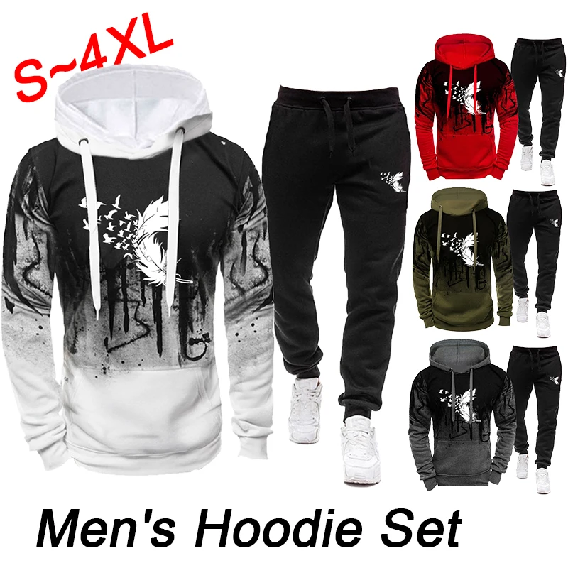 

2023 Fashion Feather Print Speckled Camo Sportswear Set for Men's Casual Hooded Long Pants 2-piece Jogging Set S-4XL