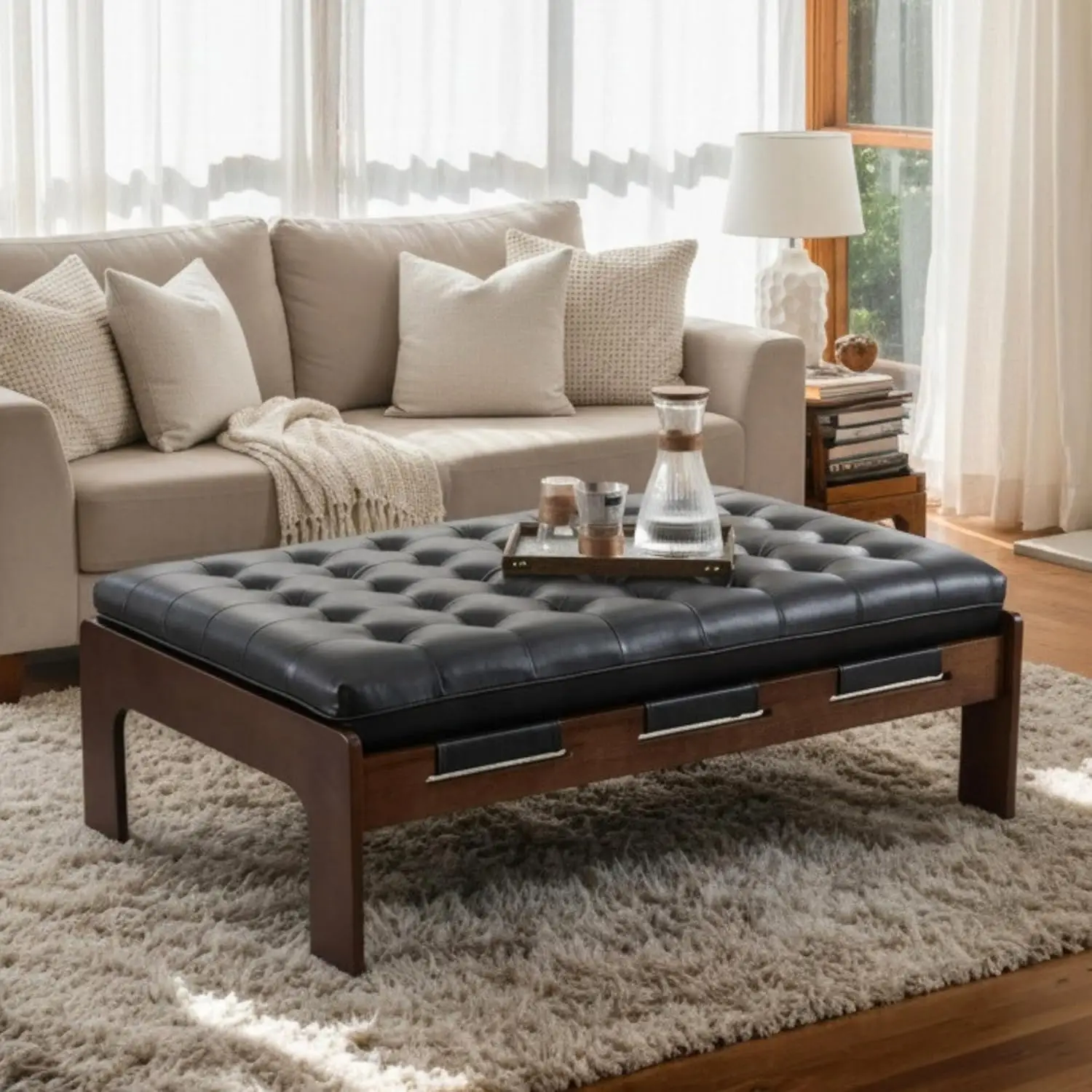 

47.75" Rectangle Ottoman Coffee Table, Large Faux Leather Upholstered Living Room Table, Modern Oversized Tufted, Customized