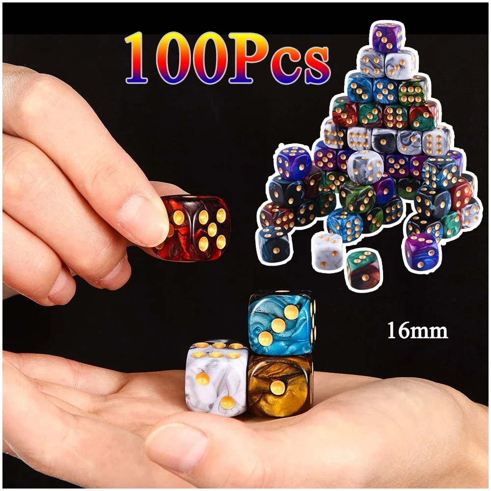 16mm 6 Sided Dice Set 100/50/30/10Pcs Random Colors Round Corner D6 Square Game Dice for PRG Party Playing Board Teaching Math