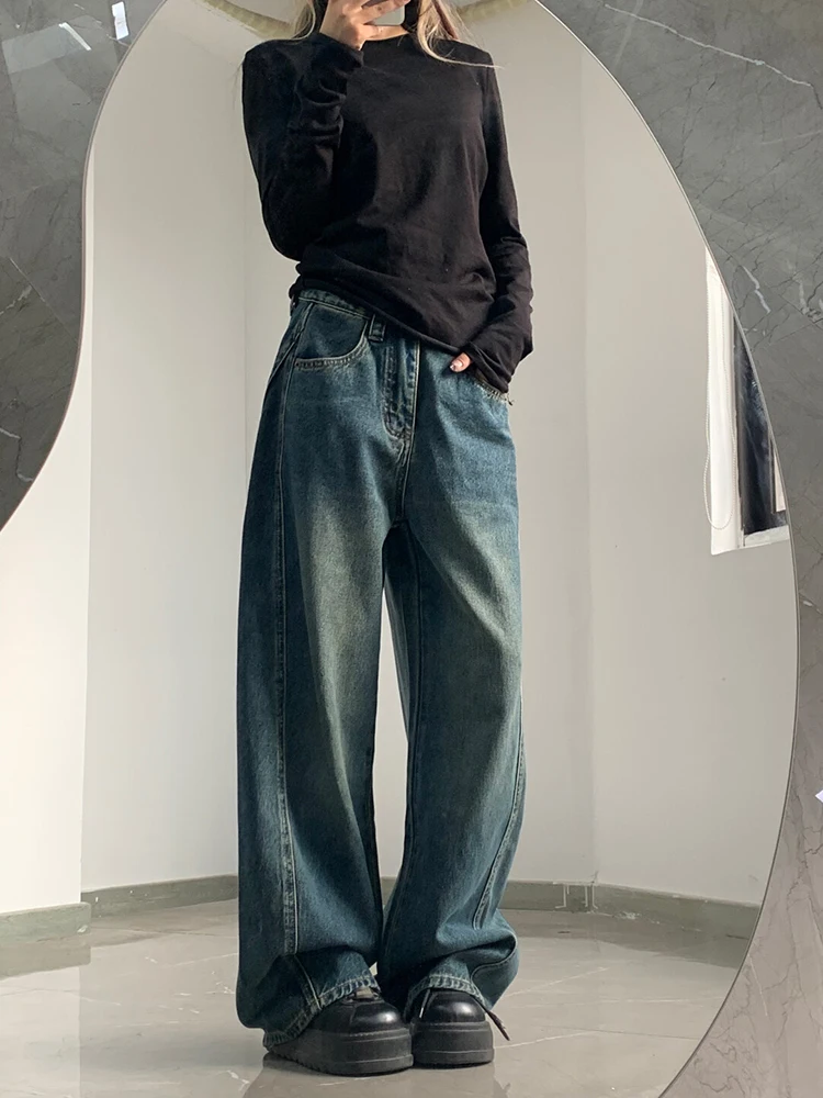 กางเกงยีนส์เอวสูงทรงขากว้างสำหรับผู้หญิง ฤดูใบไม้ผลิ 2025 รุ่นใหม่ ทรงหลวม สไตล์วินเทจ ดีไซน์ทรงขวาน ลำลอง ทรงขาตรง