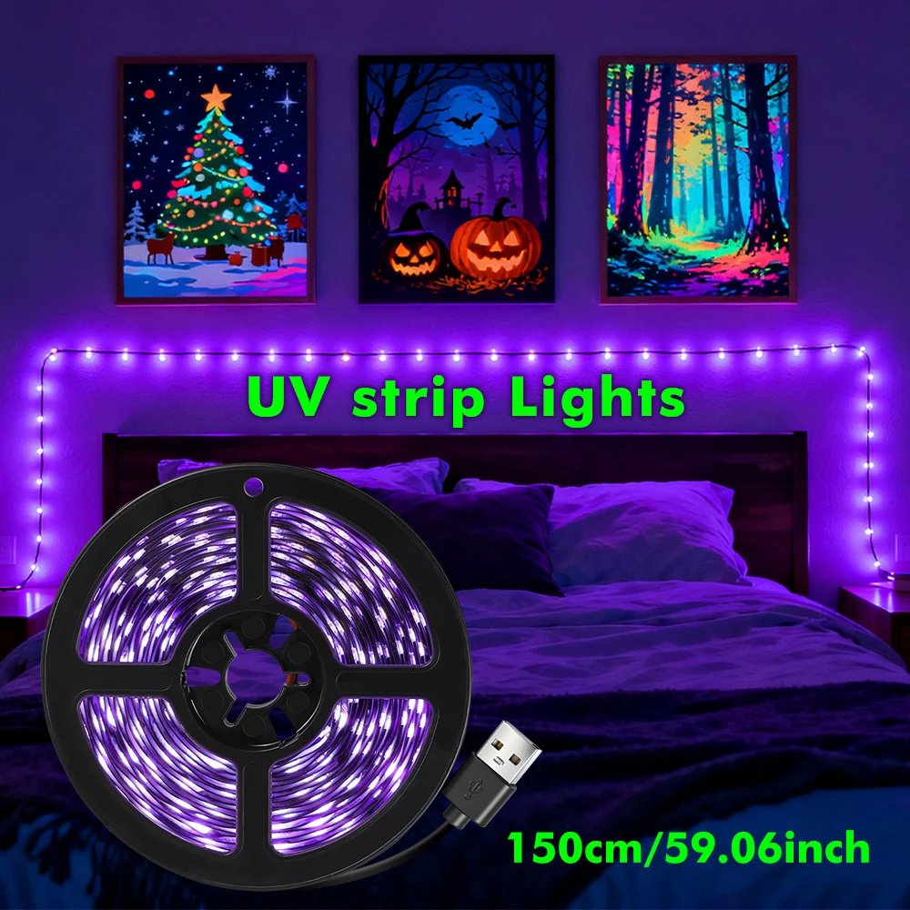 1.5M USB-Powered UV LED Strip 385-400nm Black Light - Immersive Ambience for Fluorescent Parties, Holiday Windows & Home Decor
