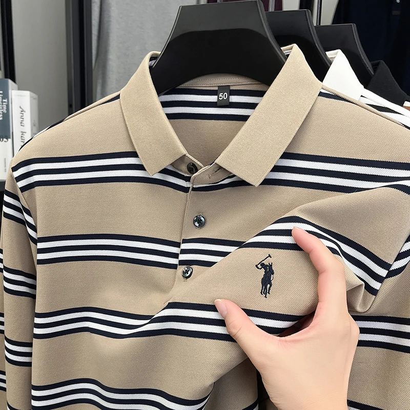 

Authentic Long Sleeved T-shirt Men's Polo Shirt Men's Spring and Autumn Striped Elastic Loose T-shirt Dad Outfit Men's