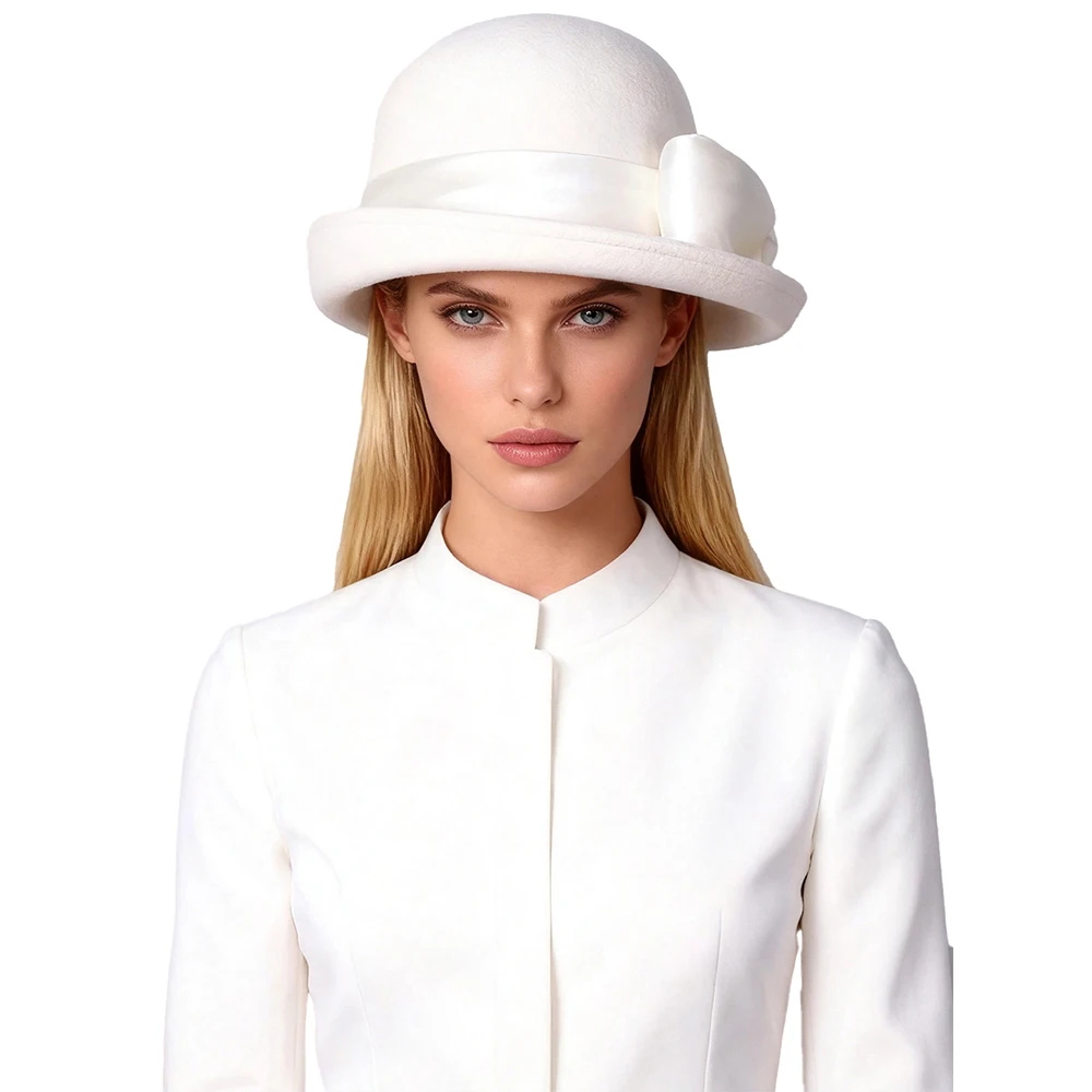 FS Elegant Curl Brim Wool Bowler Hat For Women Vintage Black White Church Hats With Bow Wedding Fascinators Cap Chapeau Femme