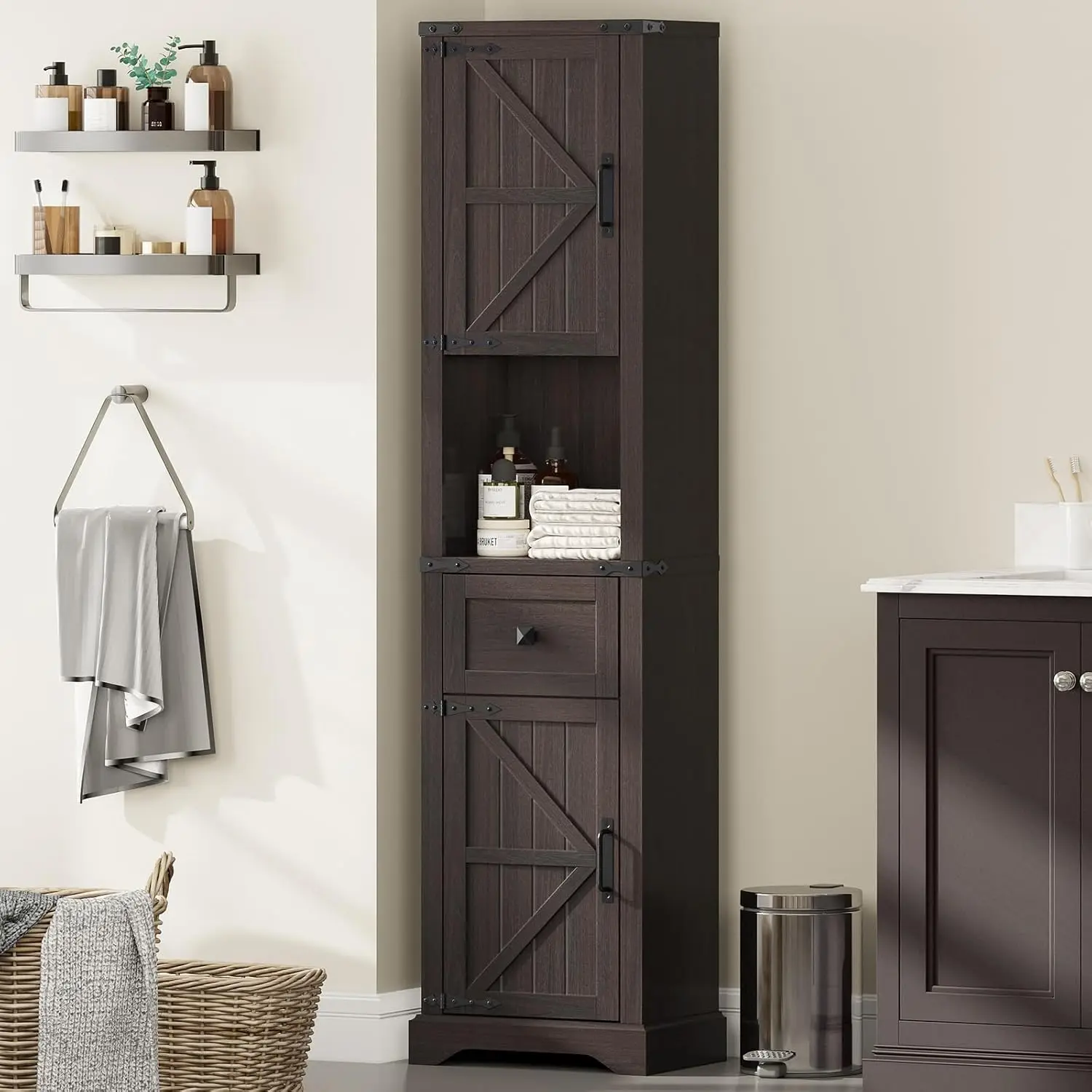 

66" Tall Farmhouse Bathroom Storage Cabinet with Barn Doors and Drawer, Narrow Storage Unit, Adjustable Shelves & 5-Tier Space,