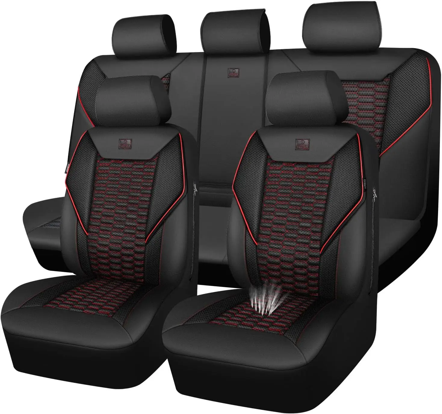 

Universal 3D Foam Mesh Leather Car Seat Covers Full Set, Breathable for SUV Truck Sedan, Black Red Quilted Design