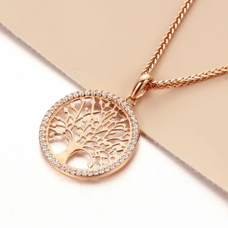 585 Purple Gold Plated 14K Rose Gold Round big tree Style glossy Necklace Classic refreshing Pendant clavicle chain jewelry