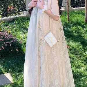 Vestido de renda maternidade tamanho grande, estilo chinês cheongsam, manga flare curta, gola quadrada, longo, solto, mulher grávida, verão 10 principais vendas pregnant qipao - №8