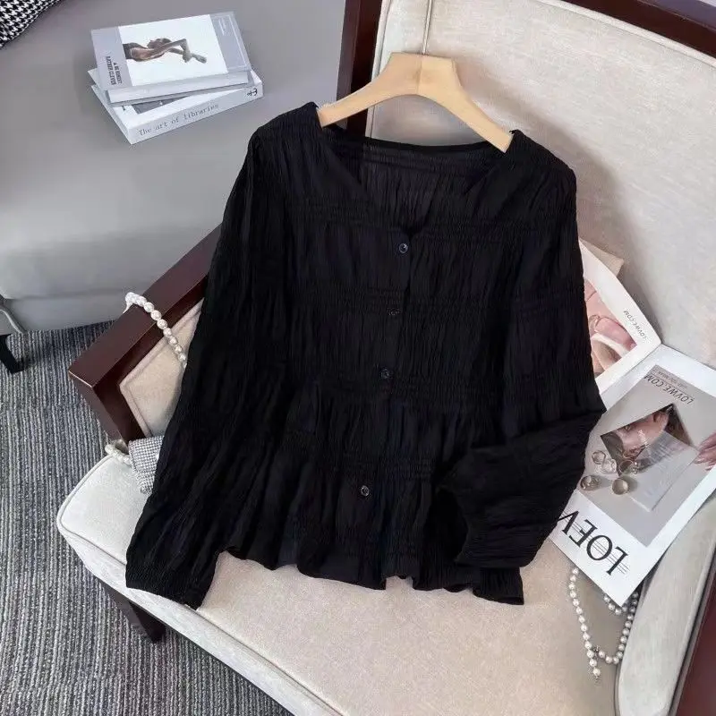 

Spring And Autumn Fashion Black Design Sense Temperament Waist Closing V-neck Pleated Top Women's Versatile Loose Shirt