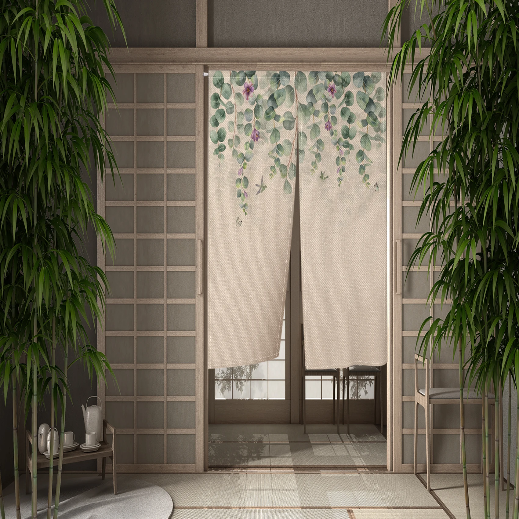 Green Leaf Japanese Noren Door Curtain Tropical Plant Kitchen Bedroom Simple Doorway Curtain Drapes Entrance Decor Half-curtain
