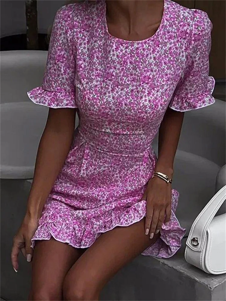 Tossy Summer Printed Ruffled Mini Dress For Women Short Sleeve Fashion Patchwork Elegant Slim Dress Female Backless Mini Dress