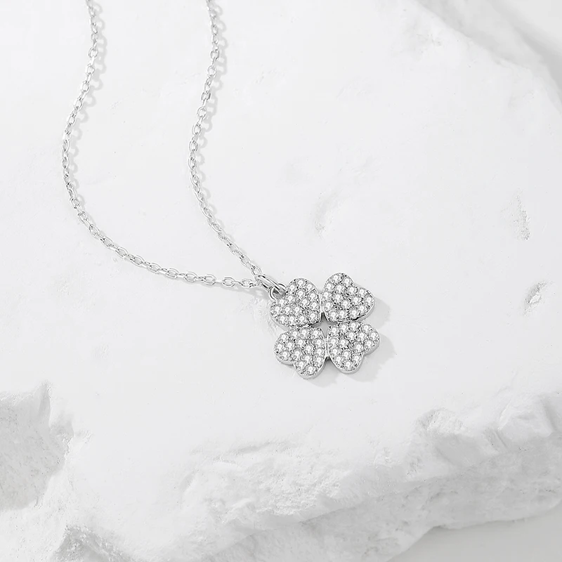 S925 Sterling Silver Full Diamond Heart Clover Necklace For Women Comfortable 45cm Chain Zircon Sweet Pendant Fine Jewelry Gift